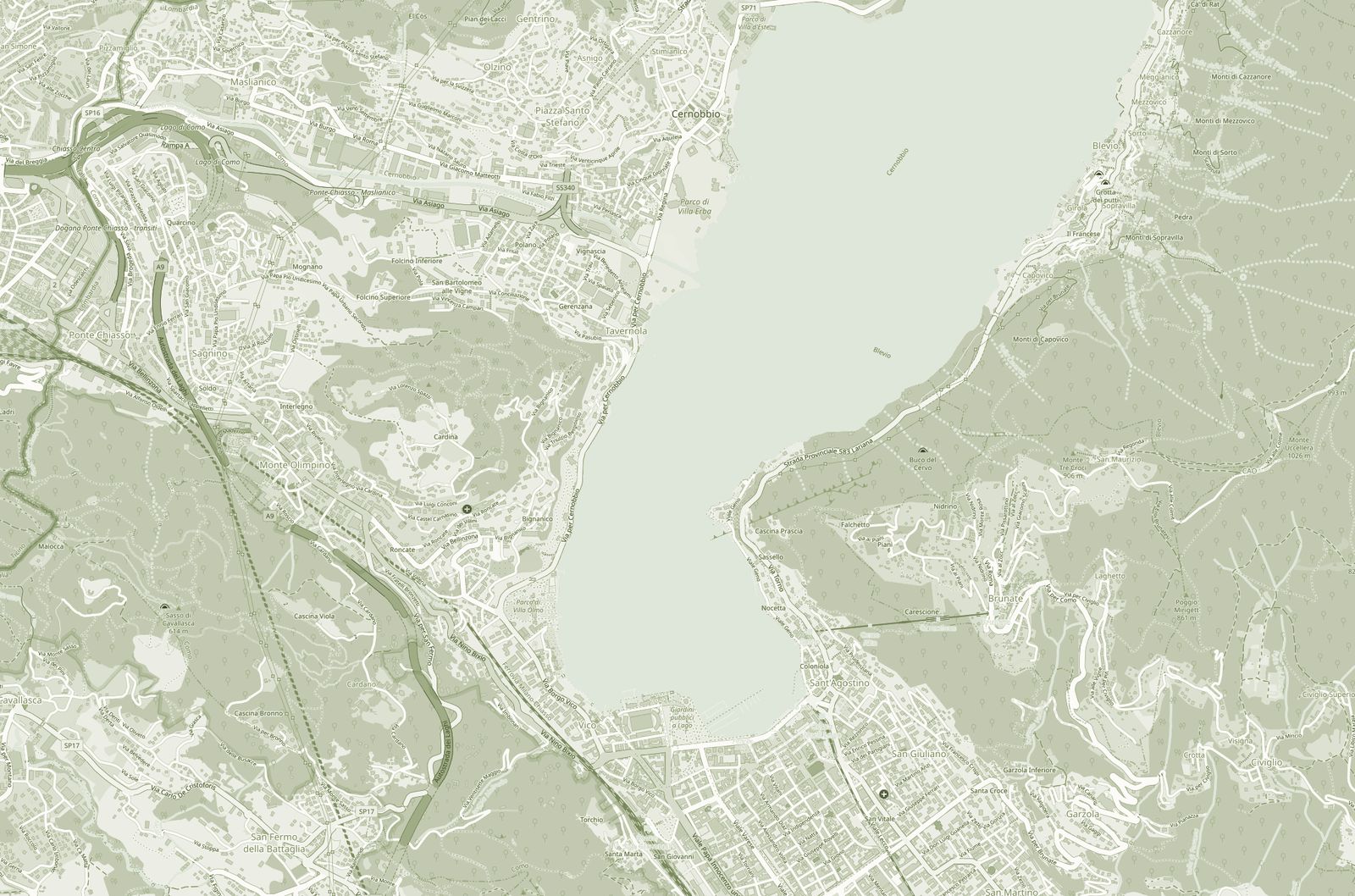 Map of the south-west branch of Lake Como: Villa Erba on the western shore at Cernobbio, the town of Como at the foot of the lake to the south, the A9 motorway to the west