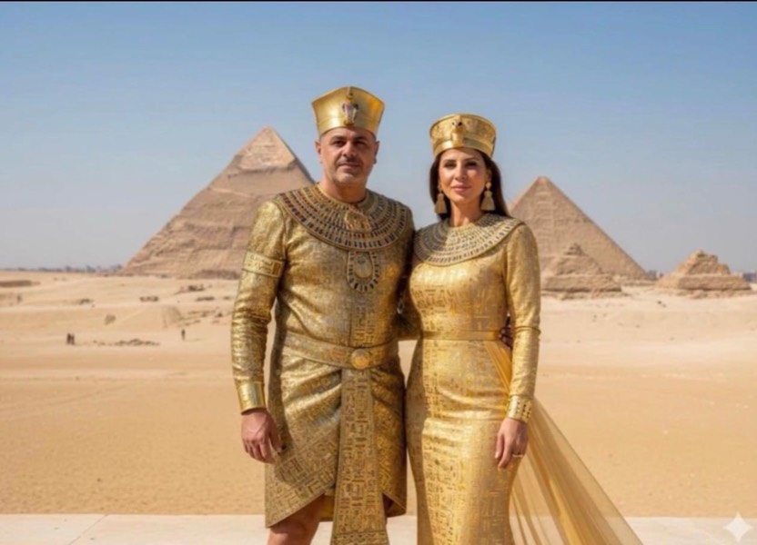 Chad and Nadine in golden pharaoh costumes before the pyramids of Giza